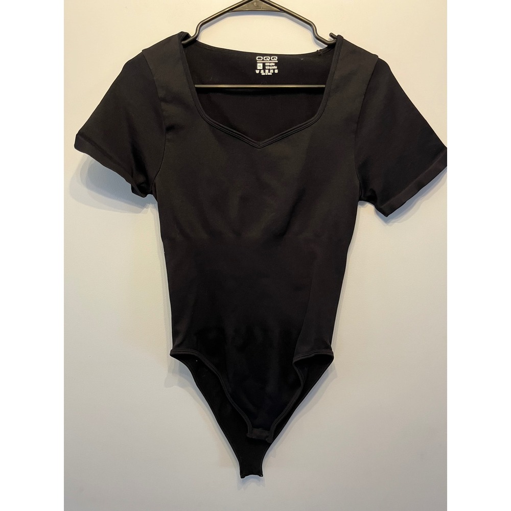 OQQ Black Ribbed Short Sleeve Bodysuit Sweetheart Neck XL